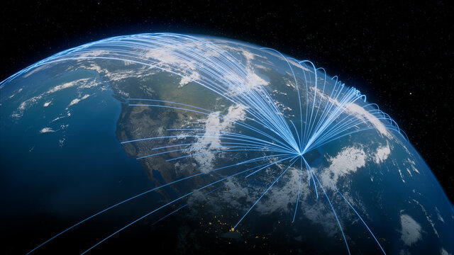 Earth in Space. Blue Lines connect Charlotte, USA with Cities across the World. International Travel or Networking Concept.