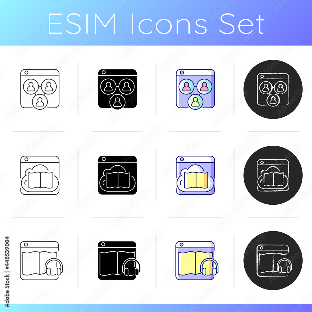 Poster platform business icons set. virtual collaborative workspace. digital database with books. listening
