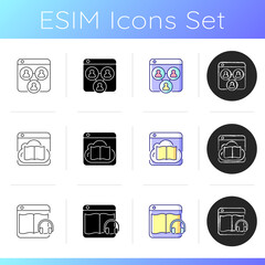 Platform business icons set. Virtual collaborative workspace. Digital database with books. Listening and streaming audiobooks. Linear, black and RGB color styles. Isolated vector illustrations