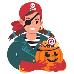 Caucasian girl with halloween pumpkin dressed as a pirate. Flat style Illustration