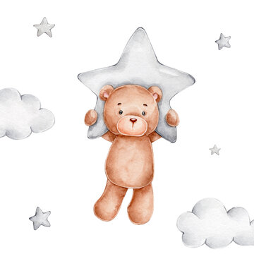 Cute teddy bear flying with grey star; watercolor hand drawn illustration; with white isolated background