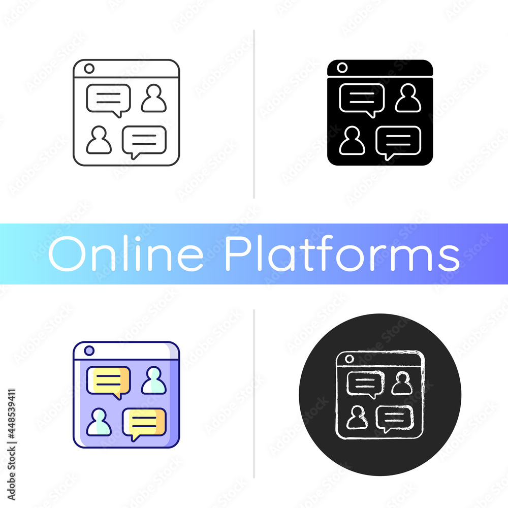 Poster social discussion platforms icon. posting messages and questions on website. chat rooms. online foru