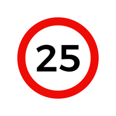 Speed limit 25 kmh sign of road traffic maximum speed vector icon.