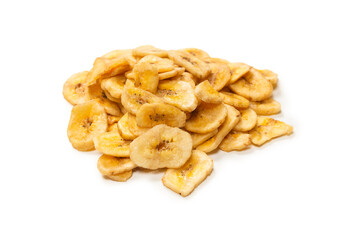 Banana chips isolated on a white background. Dehydrated banana.
