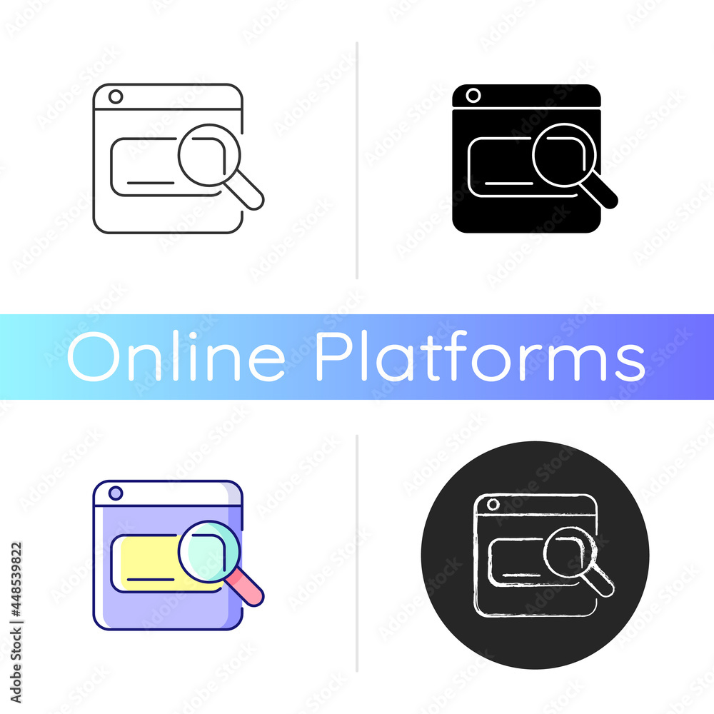 Poster search engines icon. looking up information on internet. using keywords, phrases. online tool. user 