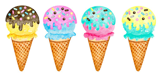 8003 Watercolor set of ice cream Scoop with glaze and sprinkling in a waffle cone. 