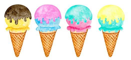 Watercolor set of ice cream Scoop with glaze in a waffle cone. Watercolor summer ice cream set