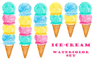 Watercolor set of colored ice cream scoops in waffle cone. Isolated clipart element on white background