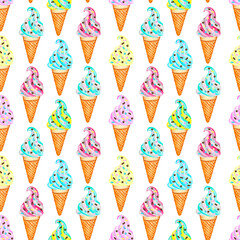 Soft ice cream in waffle cone watercolor seamless pattern. Ice cream background