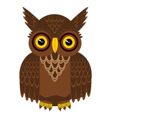 Owl, color bird illustration with elements of brown, yellow and black color on a white background for printing on textiles, paper, tiles and for design