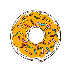 Illustration of a donut with multi-colored pastry topping isolated on a white