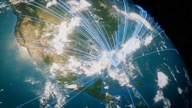 Earth in Space. Blue Lines connect Miami, USA with Cities across the World. Worldwide Travel or Networking Concept.