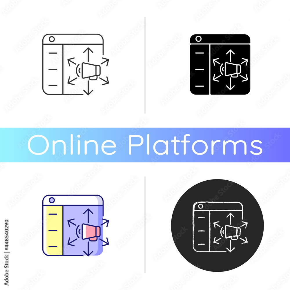 Poster content distribution platforms icon. promoting resources to online audiences. markets and channels. 