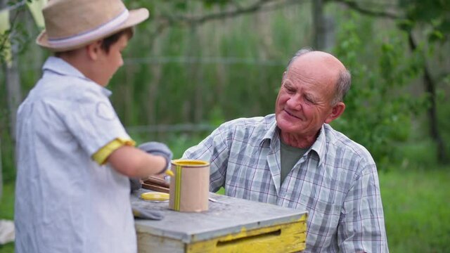 apiary, caring grandfather with male child paint hives for bees with yellow paint while sitting in garden background of trees