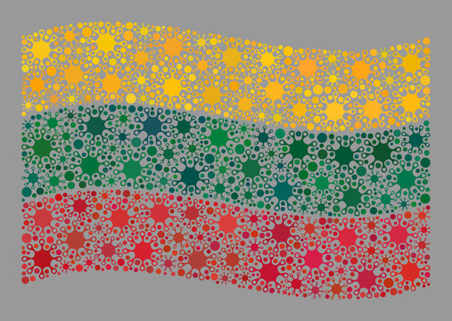 Waving mosaic Lithuania flag constructed of virus elements. Lithuania flag collage is created of randomized bacilla particles.