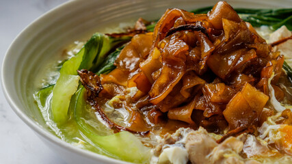 Flat Noodles cooked in Egg Gravy (Wan Tan Hor). Side close up in plate.