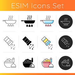 Cooking instruction icons set. Frying pan on stove. Sprinkle salt. Mashed potatoes in bowl. Culinary and cookery guide steps. Linear, black and RGB color styles. Isolated vector illustrations