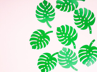Leaf monstera paper in flat style on pink background. Abstract background. Top view, mockup. Summer concept, flat lay, top view. Tropical fashion.
