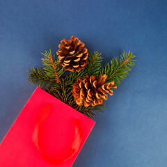 Red gift bag with fir cones on a blue background. Greeting card on white background. Dark background. Nature background. Holiday concept.