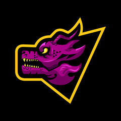 purple dragon head illustration. scary, creative, animal, cartoon and mascot style. suitable for logo, icon, symbol and sign. such as e sports, sports, strong logo and t shirt design