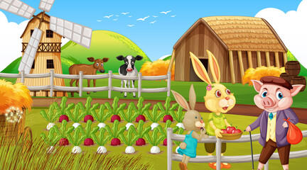 Obraz na płótnie Canvas Farm at daytime scene with rabbit family and a pig cartoon character
