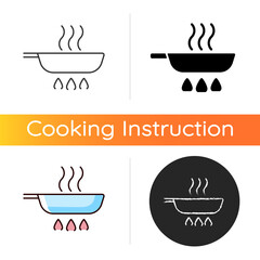 Fry pan icon. Roasting ingredients for dinner on stove flame. Stirring process. Cooking instruction. Food preparation. Linear black and RGB color styles. Isolated vector illustrations