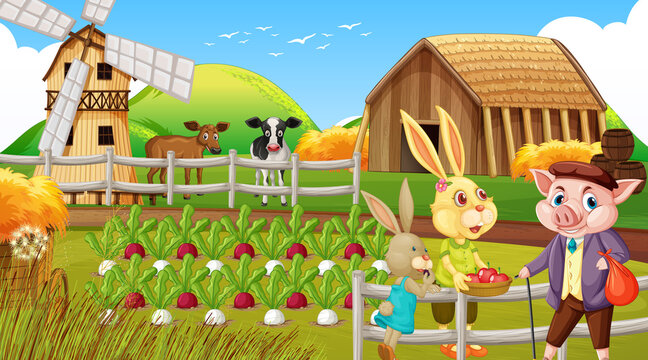 Farm at daytime scene with rabbit family and a pig cartoon character