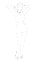 The contour of a sexy girl in a dress and high heels stands with raised hands to the head isolated on a white background. Front view. Vector illustration