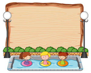 Empty wooden board with many kids in the pool isolated