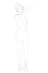 The contour of a sexy girl in a dress and high heels stands with raised hands to the head isolated on a white background. Back view. Vector illustration