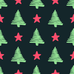 Christmas seamless pattern for greeting cards, wrapping papers. Hand drawn winter background from doodle Christmas trees, snowflakes and toys. Abstract Christmas Tree Seamless Vector Patterns. 