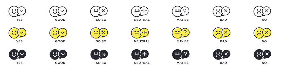 Emotion Icon Pack - Good, Bad, Maybe. Evaluation or rating - good, bad, neutral. Vector emotional emoticons with grade level symbol.
