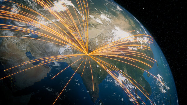 Earth in Space. Orange Lines connect Delhi, India with Cities across the World. Worldwide Travel or Business Concept.