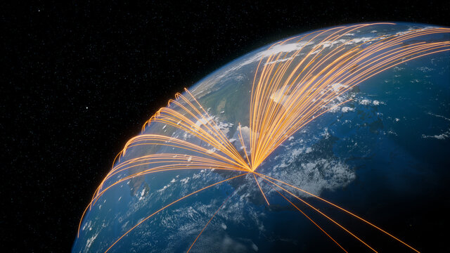 Earth in Space. Orange Lines connect Singapore with Cities across the World. International Travel or Business Concept.