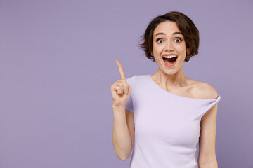 Young insighted smart proactive caucasian brunette woman 20s with bob haircut wearing white t-shirt...