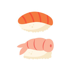 Sushi with shrimp, salmon fish and rice. Asian food. Japanese, china cuisine. Vector illustration, design element. Isolated on white background.