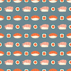 Sushi and rolls with fresh salmon fish, rice, shrimp and nori seaweed. Asian food delivery. Seamless pattern, texture, background. Packaging design, wrapping paper. Editable background color.