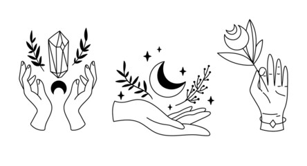 With hands and Mystical boho moon isolated cliparts bundle, celestial floral collection, moon and flowers set, magic line crescent witchy moon, esoteric objects - black and white vector illustration