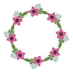 pink flower wreath, circle frame with pink flower blossom and green leaf border