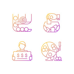 Lottery formats gradient linear vector icons set. Ball draw machine. Raffle game. Million-dollar jackpot chance. Thin line contour symbols bundle. Isolated vector outline illustrations collection