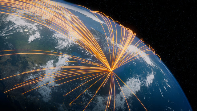 Earth in Space. Orange Lines connect New York, USA with Cities across the World. Global Travel or Networking Concept.