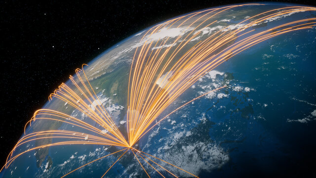 Earth in Space. Orange Lines connect Kuala Lumpur, Malaysia with Cities across the World. Global Travel or Business Concept.