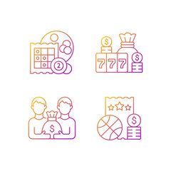 Participation in lottery gradient linear vector icons set. Bingo game. Winning large cash reward. Pari mutuel prize. Thin line contour symbols bundle. Isolated vector outline illustrations collection