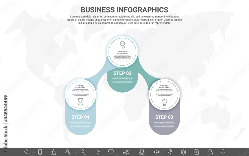 Poster business vector infographics with three circles and labels. timeline visualization with 3 steps for 
