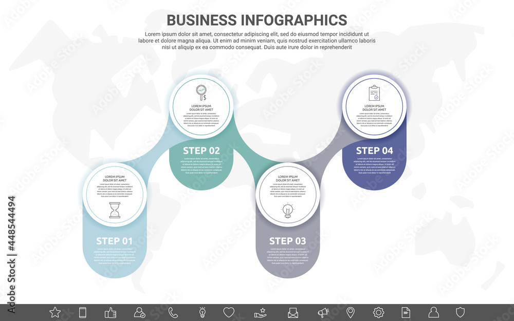 Poster business vector infographics with 4 circles and labels. timeline visualization with four steps for d