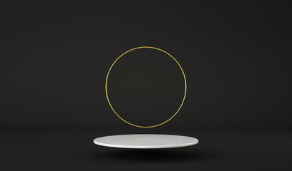 Clean marble platform floating with golden ring at black background, product presentation, 3d render