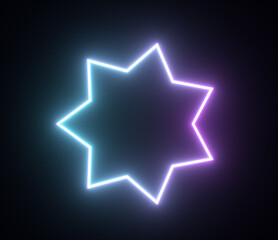 Shiny neon star frame, light geometric shapes. 3d render