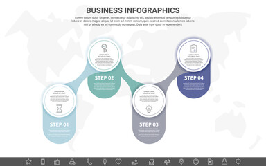 Business vector infographics with 4 circles and labels. Timeline visualization with four steps for diagram, flowchart, banner, presentations, web, content, levels, chart, graphic