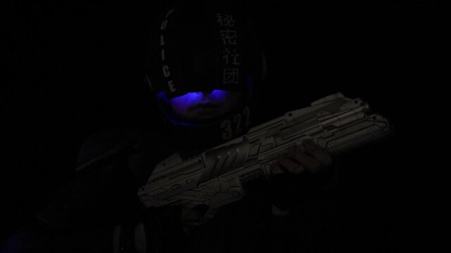 Cyberpunk concept, future world. Police officer cop in dark, halfman bionic cyborg or android reloads gun, twitches cocking lever, Stands looks at camera in dark. Science fiction scene, fantasy, sci