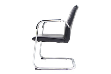 Comfortable black Office . Chair structure empty swivel for office and player side view from vertical with leather seats for supporting the structure of the body. Isolated on white background.